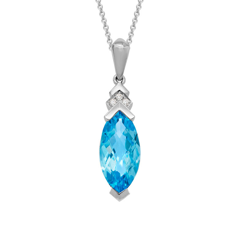 14K WHITE GOLD 20X7MM MARQUISE BLUE TOPAZ PENDANT WITH .02CTTW ROUND SI CLARITY & GH COLOR DIAMONDS SET AT THE TOP ON A 16/18