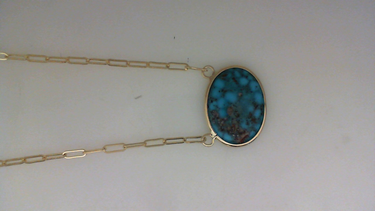 14K GREEN GOLD OVAL BEZEL SET KINGSMAN TURQUOISE PENDANT ON AN 18" PAPERCLIP NECKLACE