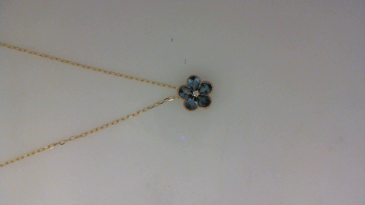 14K YELLOW GOLD FLOWER PENDANT WITH 1.0CTTW PEAR SHAPED LONDON BLUE TOPAZ AND A .01CT ROUND DIAMOND ON A 16