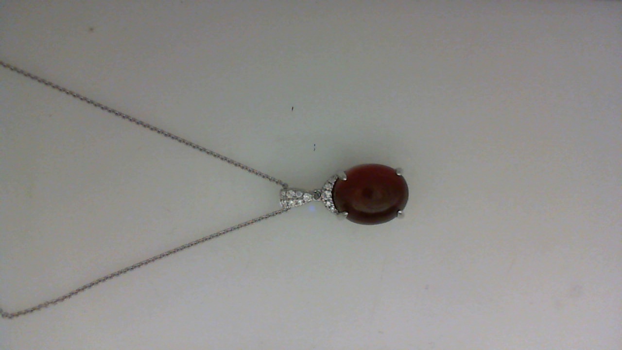 14K WHITE GOLD 19.1MMX9MM 5.28CT OVAL CABOCHON HESSONITE PENDANT WITH .10CTTW ROUND SI CLARITY & G COLOR DIAMONDS SET AT THE TOP ON A 16/18