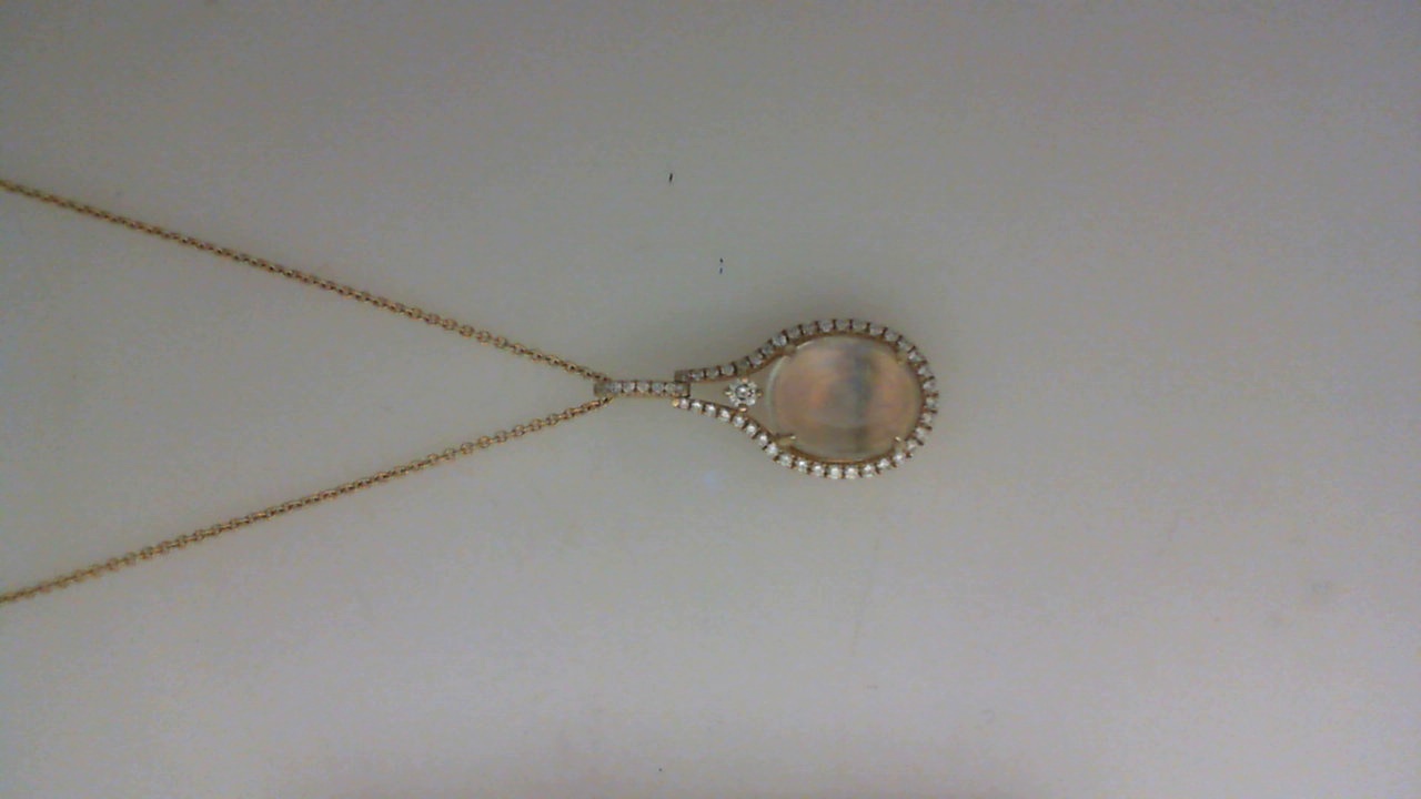 14K YELLOW GOLD 10X8MM 2.82CT CABOCHON MOONSTONE PENDANT WITH .17CTTW ROUND SI CLARITY & G COLOR DIAMONDS SET IN THE HALO AND AT THE TOP ON A 16/18