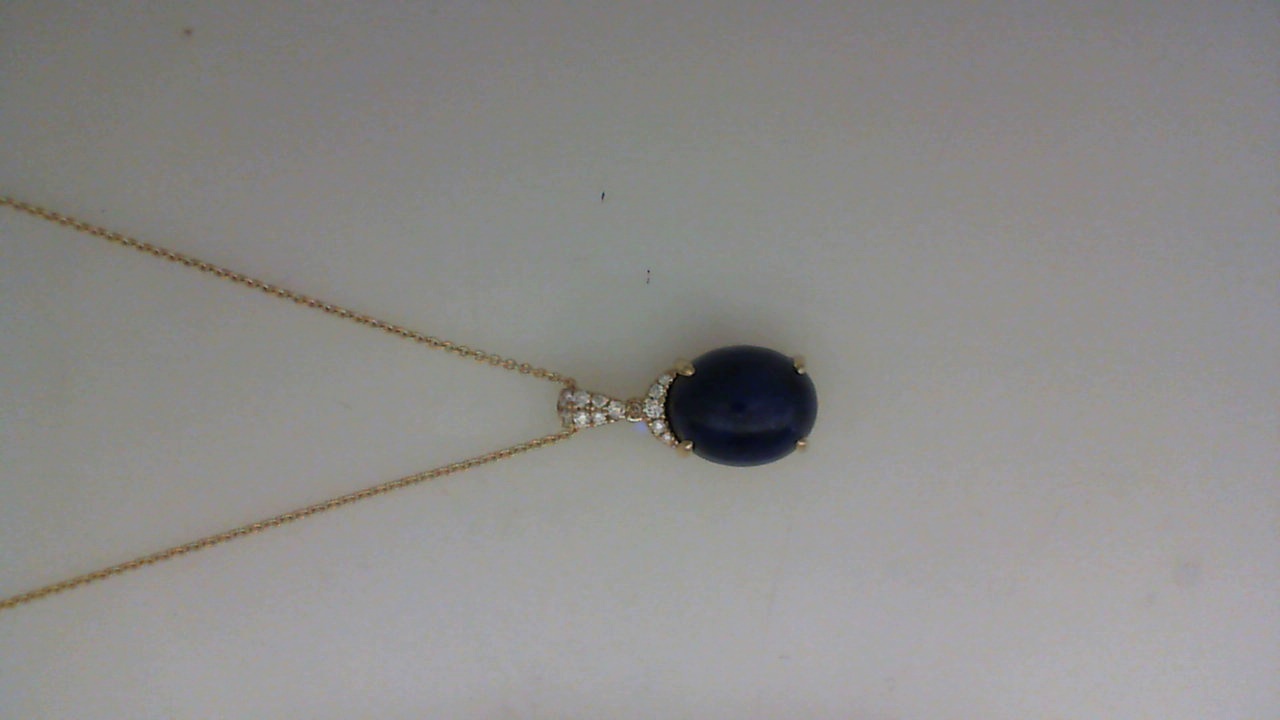 14K YELLOW GOLD 19.1X9MM 4.33CT OVAL CABOCHON LAPIS (AFGHANISTAN) PENDANT WITH .10CTTW ROUND SI CLARITY & G COLOR DIAMONDS SET AT THE TOP ON A 16/18
