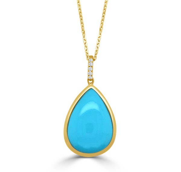 14K YELLOW GOLD PEAR SHAPED 4.92CT TURQUOISE DROP PENDANT WITH .04CTTW ROUND SI CLARITY & G COLOR DIAMONDS SET IN THE BAIL ON AN 18