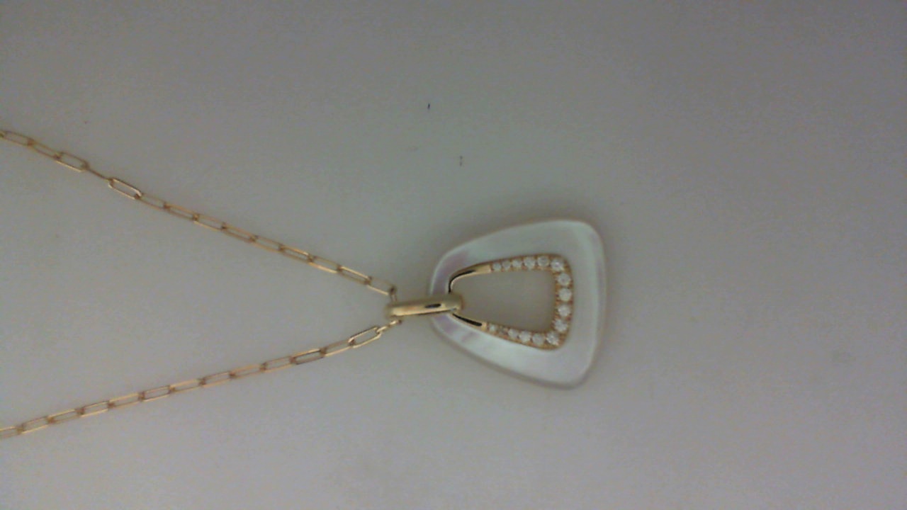 14K YELLOW GOLD OPEN WHITE MOTHER PEARL PENDANT WITH .12CTTW ROUND SI CLARITY & G COLOR DIAMONDS ON AN 18
