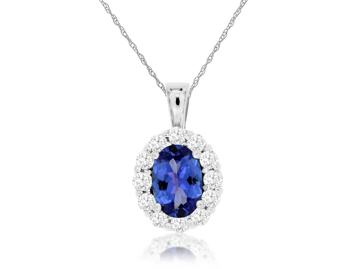 14K WHITE GOLD PENDANT WITH A .85CT OVAL TANZANITE SET WITH .30CTTW ROUND I1 CLARITY & HI COLOR DIAMONDS SET IN THE HALO ON AN 18
