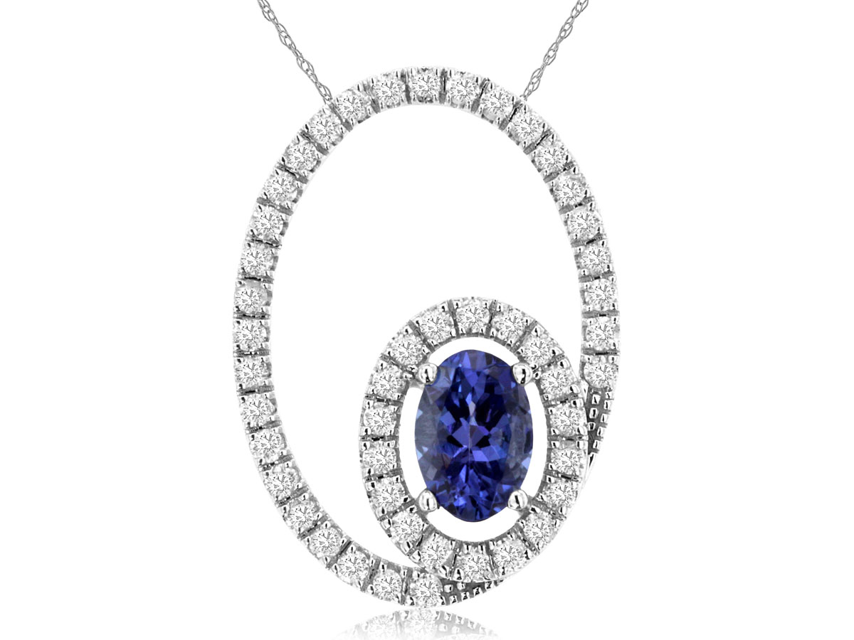 14K WHITE GOLD .50CT OVAL TANZANITE PENDANT SET IN A DOUBLE OVAL WITH .33CTTW ROUND I1 CLARITY & HI COLOR DIAMONDS ON AN 18