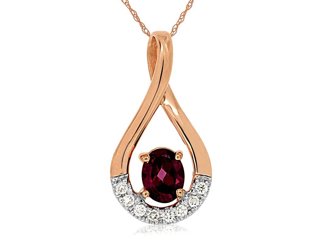 14K ROSE GOLD OPEN TWIST PENDANT WITH A .40CT ROUND RHODOLITE AND .06CTTW ROUND I1 CLARITY & HI COLOR DIAMONDS SET IN THE BOTTOM OF THE SWIRL ON A PENDANT CHAIN