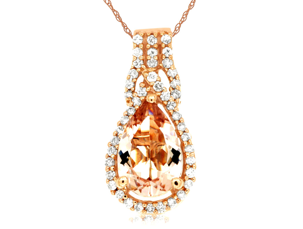 14K ROSE GOLD 1.10CT PEAR SHAPE MORGANITE PENDANT WITH .18CTTW ROUND I1 CLARITY & HI COLOR DIAMONDS SET IN THE HALO AND TOP ON A PENDANT CHAIN