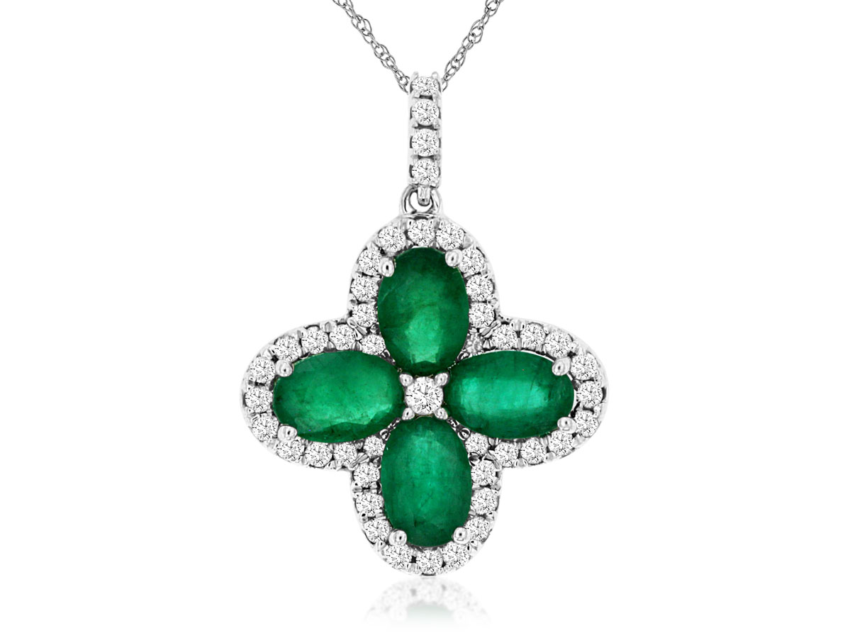 14K WHITE GOLD CLOVER STYLE PENDANT WITH (4) 1.80CTTW OVAL EMERALDS AND .40CTTW ROUND I1 CLARITY & HI COLOR DIAMONDS ON A PENDANT CHAIN