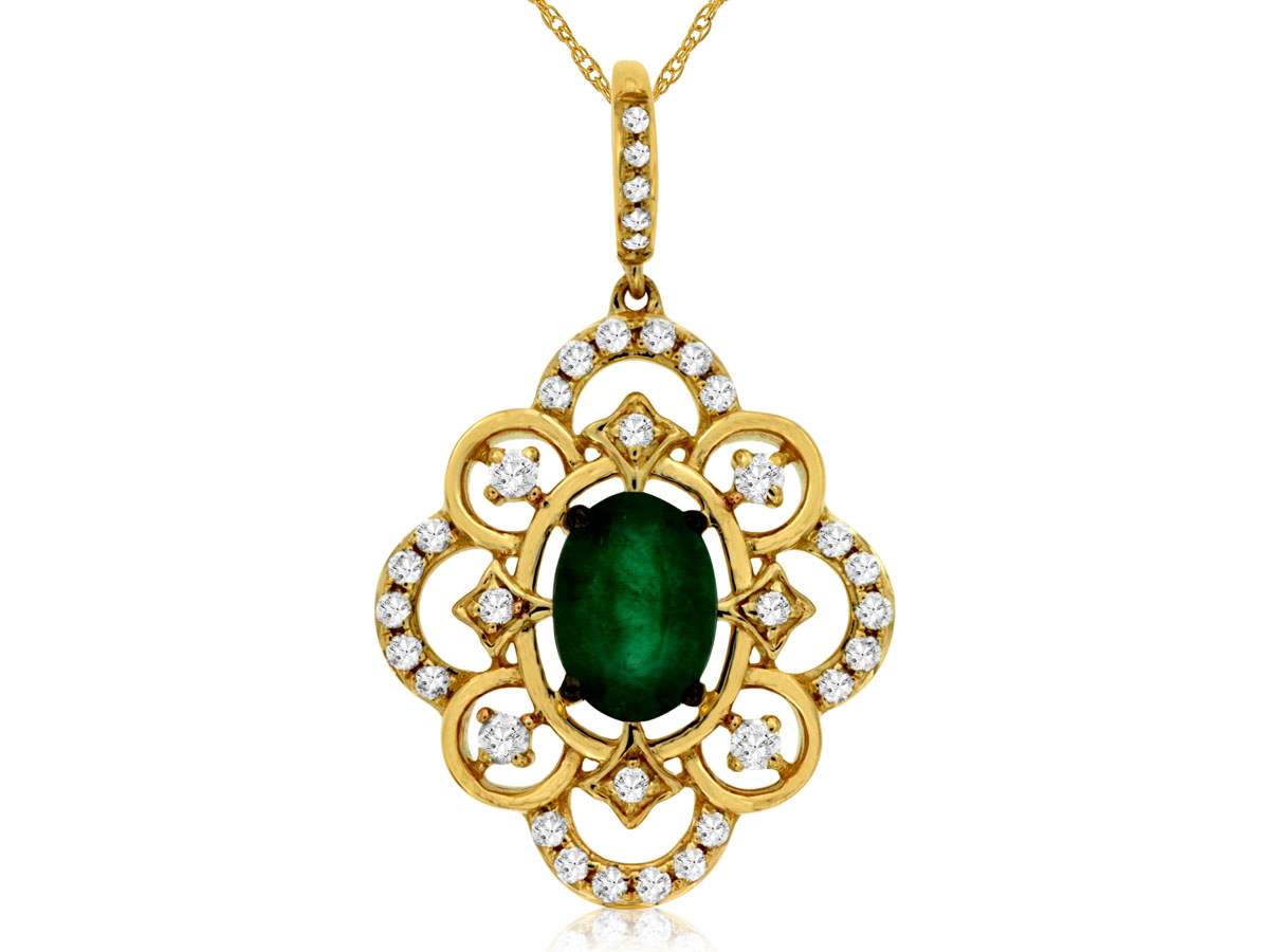 14K YELLOW GOLD .70CT OVAL EMERALD PENDANT WITH .24CTTW ROUND I1 CLARITY & HI COLOR DIAMONDS SET INT EH SCROLL SETTING ON AN 18