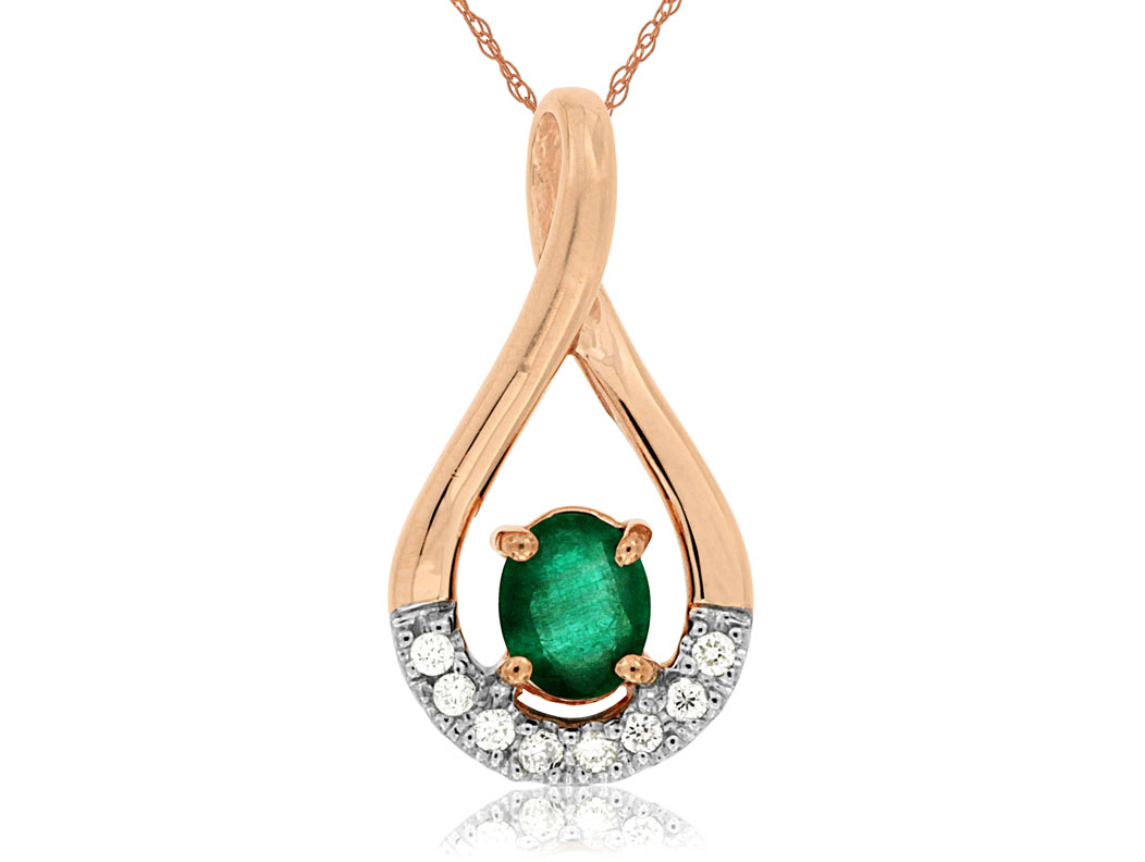14K ROSE GOLD OPEN PEAR SHAPED PENDANT WITH A .35CT OVAL EMERALD AND .06CTTW ROUND I1 CLARITY & HI COLOR DIAMONDS ON AN 18