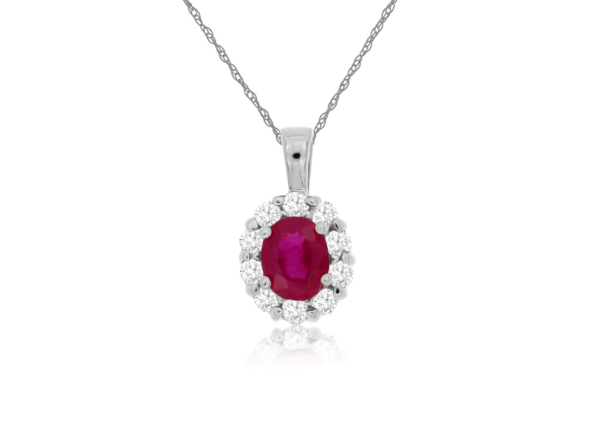 14K WHITE GOLD .40CT OVAL RUBY PENDANT WITH .20CTTW ROUND I1 CLARITY & HI COLOR DIAMONDS SET IN THE HALO ON A PENDANT CHAIN
