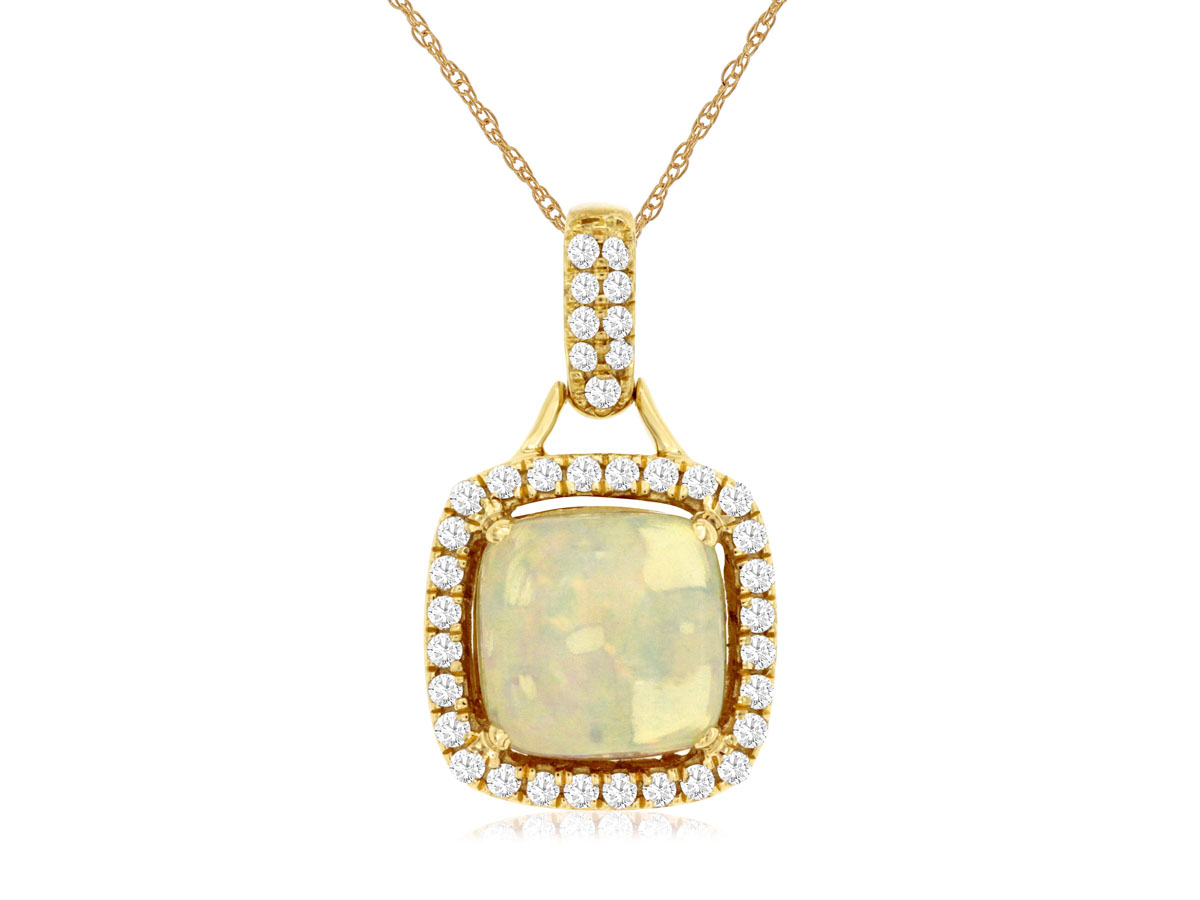 14K YELLOW GOLD 1.40CT SQUARE OPAL PENDANT WITH .24CTTW ROUND I1 CLARITY & HI COLOR DIAMONDS SET IN THE HALO AND BAIL ON A PENDANT CHAIN