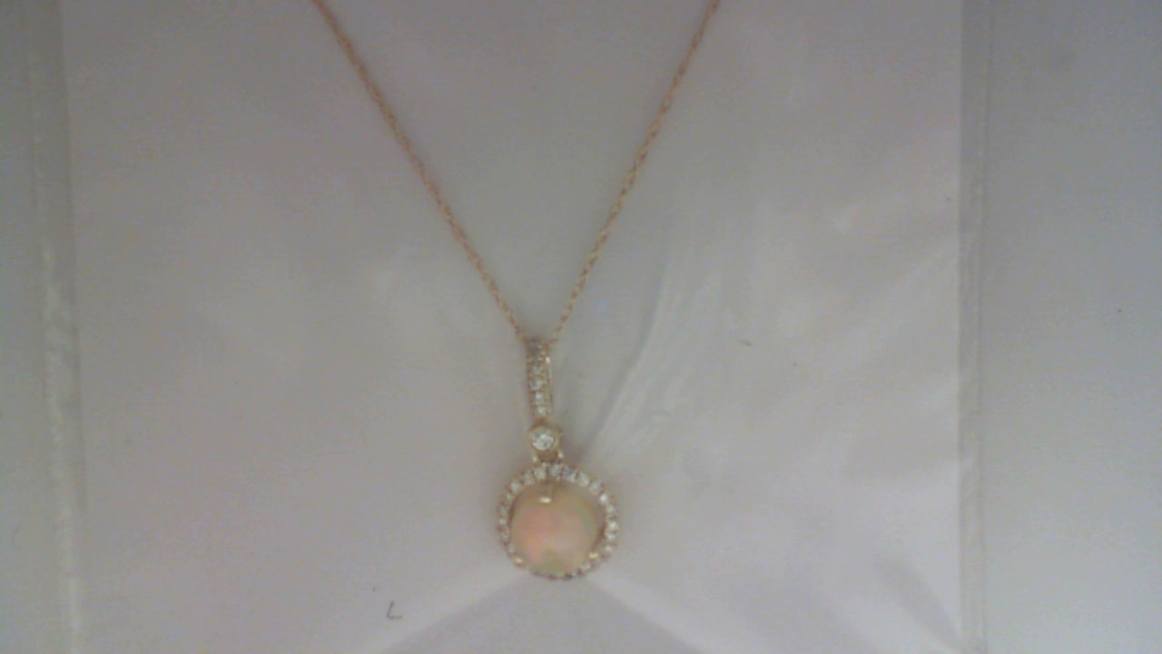 14K YELLOW GOLD .70CT ROUND OPAL PENDANT WITH .18CTTW ROUND I1 CLARITY & HI COLOR DIAMONDS SET IN THE HALO AND BAIL ON A PENDANT CHAIN