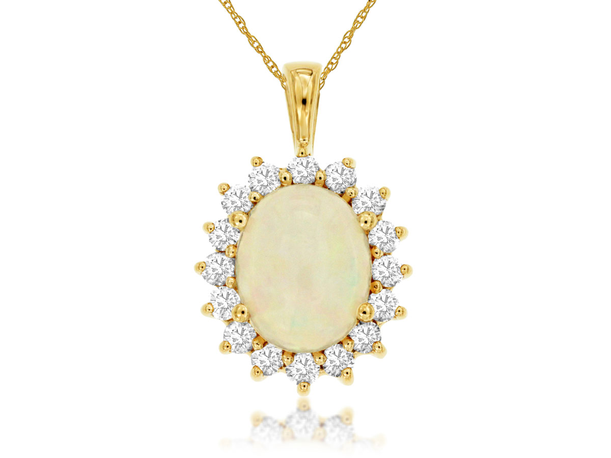 14K YELLOW GOLD 1.70CT OPAL PENDANT WITH .65CTTW I1 CLARITY & HI COLOR DIAMONDS IN THE HALO SET IN THE HALO ON A PENDANT CHAIN