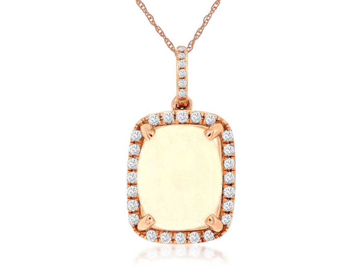 14K ROSE GOLD 2.85CT RECTANGLE SHAPE OPAL PENDANT WITH .22CTTW ROUND I1 CLARITY & HI COLOR DIAMONDS SET IN THE HALO ON A ROSE GOLD PENDANT CHAIN