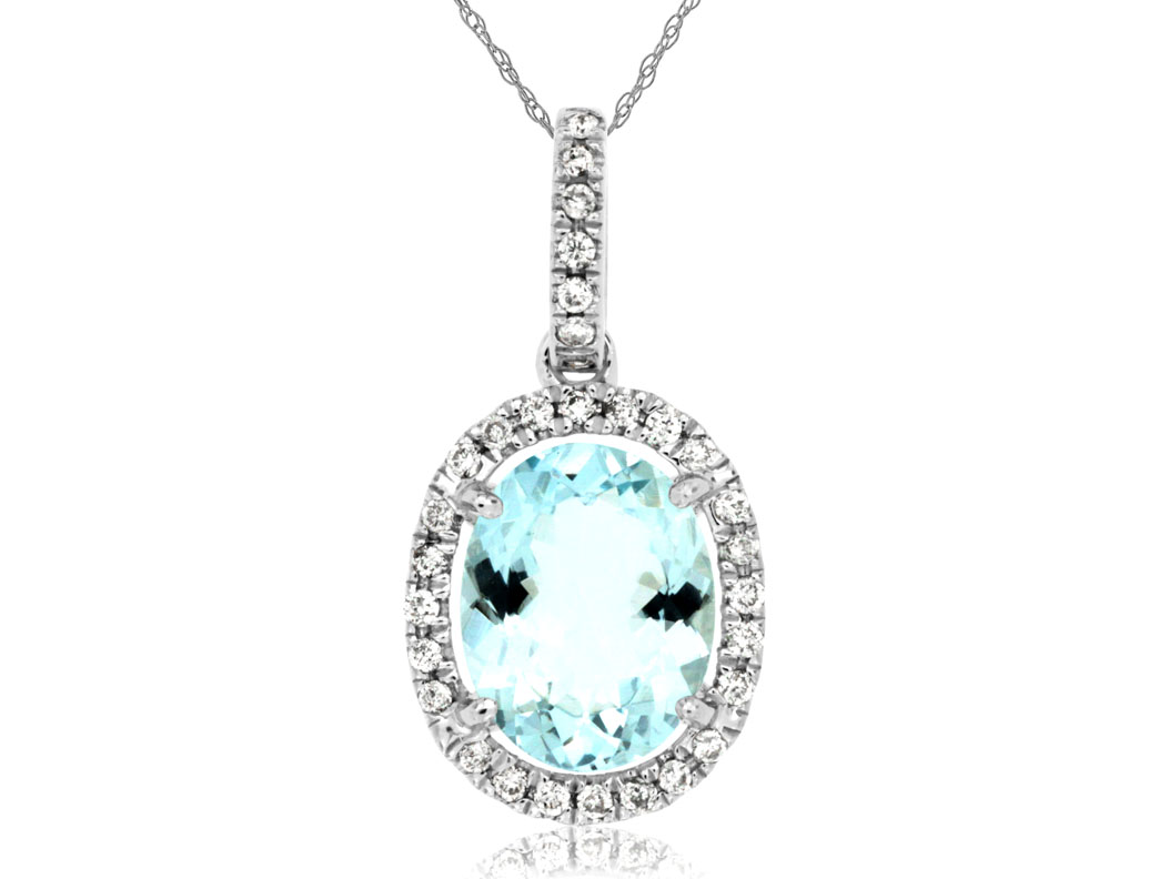14K WHITE GOLD 2.10CT OVAL AQUAMARINE PENDANT WITH .18CTTW ROUND I1 CLARITY & HI COLOR DIAMONDS SET IN THE HALO AND IN THE BAIL ON A PENDANT CHAIN