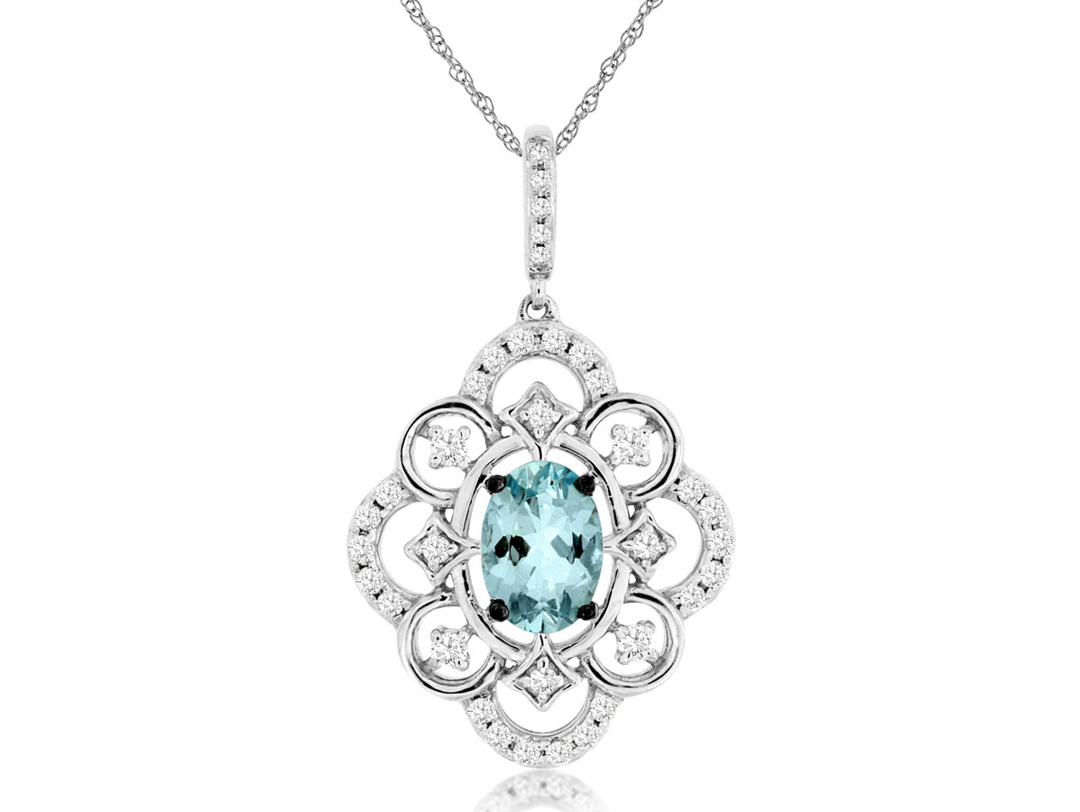 14K WHITE GOLD .66CT OVAL AQUAMARINE SET IN A FILIGREE STYLE PENDNAT WITH .24CTTW ROUND I1 CLARITY & HI COLOR DIAMONDS ON A PENDANT CHAIN