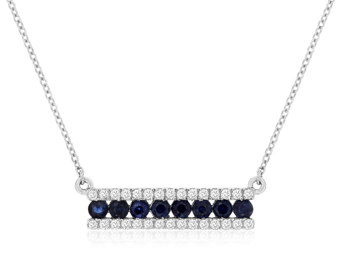 14K WHITE GOLD SIDEWAYS BAR PENDANT WITH .47CTTW ROUND SAPPHIRES AND .19CTTW ROUND I1 CLARITY & HI COLOR DIAMONDS SET ON THE SIDES AN A CABLE CHAIN