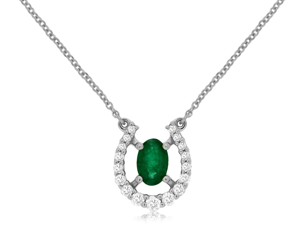 14K WHITE HGOLD HORSESHOE PENDANT WITH .20CTTW ROUND I1 CLARITY & HI COLOR DIAMONDS WITH A .45CT OVAL EMERALD ON A CABLE CHAIN