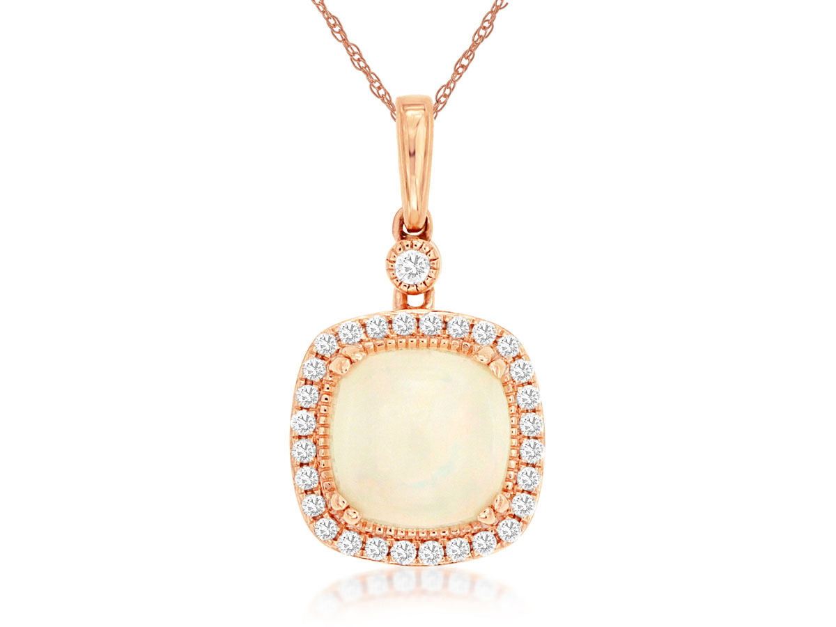 14K ROSE GOLD 1.40CT SQUARE OPAL PENDANT WITH .18CTTW ROUND I1 CLARITY & HI COLOR DIAMONDS SET IN THE HALO ON A PENDANT CHAIN