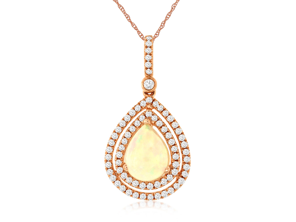 14K ROSE GOLD 1.20CT PEAR SHAPED OPAL PENDANT WITH .40CTTW ROUND I1 CLARITY & HI COLOR DIAMONDS SET IN THE DOUBLE HALO AND IN THE BAIL ON A PENDANT CHAIN