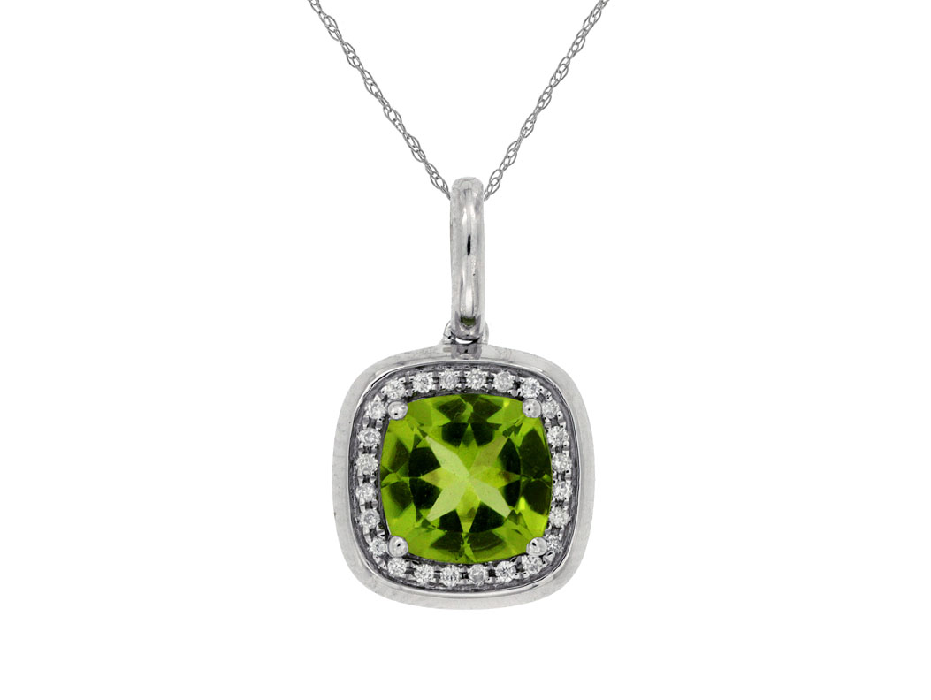 14K WHITE GOLD 1.50CT SQUARE PERIDOT PENDANT WITH .08CTTW ROUND I1 CLARITY & HI COLOR DIAMONDS SET IN THE HALO ON A PENDANT CHAIN