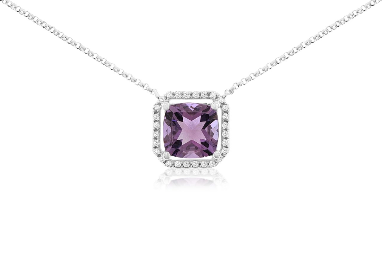 14K WHITE GOLD 2.60CT SQUARE AMETHYST PENDANT WITH .14CTTW ROUND I1 CLARITY & HI COLOR DIAMONDS SET IN THE HALO ON A CABLE CHAIN