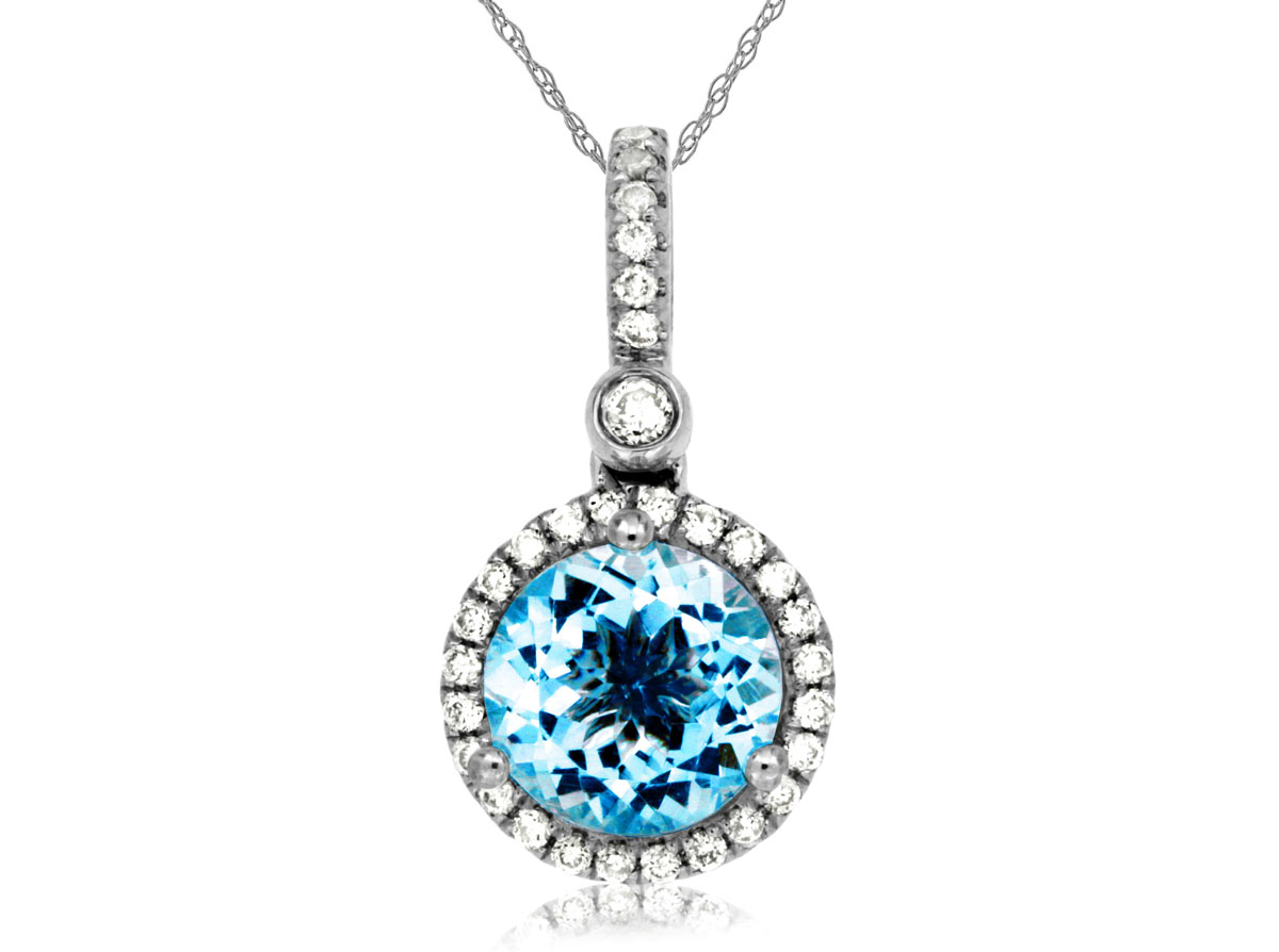 14K WHITE GOLD 1.50CT ROUND BLUE TOPAZ PENDANT WITH .18CTTW ROUND I1 CLARITY & HI COLOR DIAMONDS SET IN THE HALO AND BAIL ON A PENDANT CHAIN