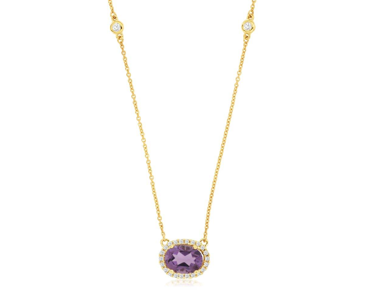 14K YELLOW GOLD .75CT OVAL AMETHYST PEANDANT WITH .27CTTW ROUND I1 CLARITY & HI COLOR DAIMONDS SET IN HALO AND BEZELSET IN THE CABLE CHAIN