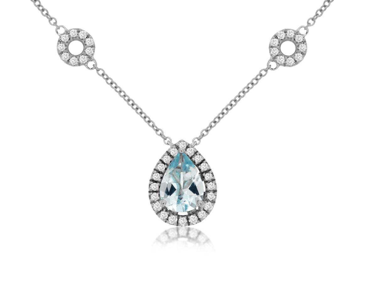 14K WHITE GOLD .68CT PEAR SHAPED AQUAMARINE PENDANT WITH .25CTTW ROUND I1 CLARITY & HI COLOR DIAMONDS SET IN THE HALO AND IN THE CIRCLES IN THE CHAIN