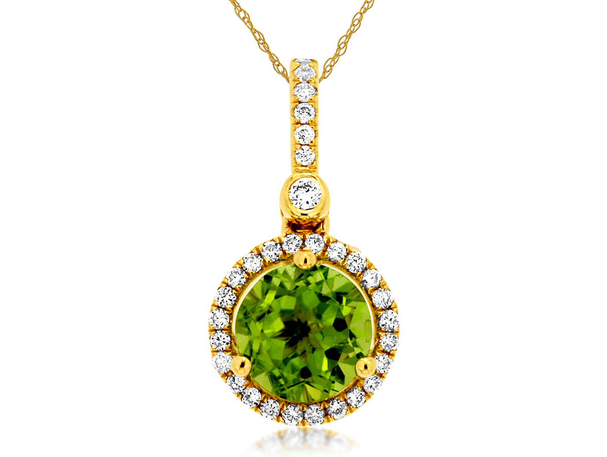14K YELLOW GOLD 1.10CT ROUND PERIDOT PENDANT WITH .18CTTW ROUND I1 CLARITY & HI COLOR DIAMONDS SET IN THE HALO AND BAIL ON A PENDANT CHAIN