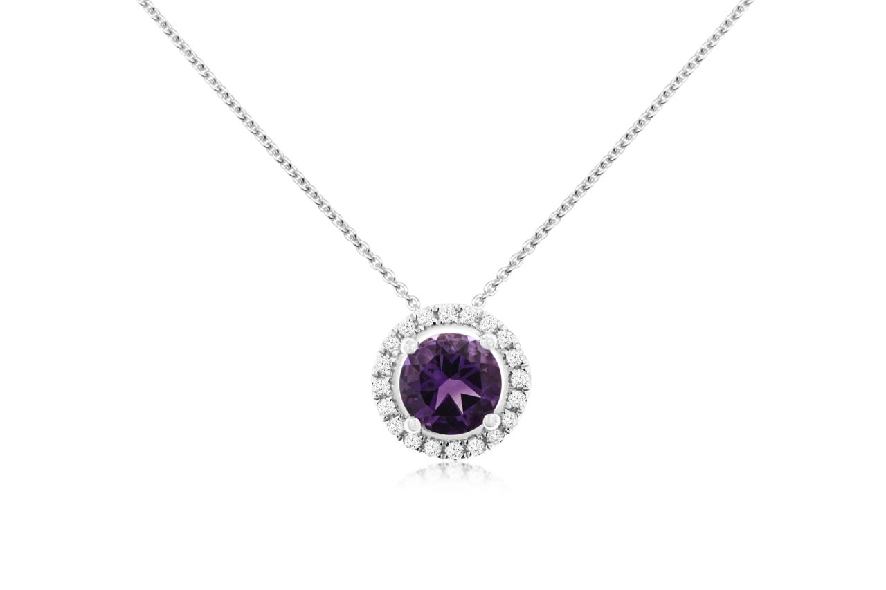14K WHITE GOLD .60CT ROUND AMETHYST PENDANT WITH .08CTTW ROUND I1 CLARITY & HI COLOR DIAMONDS SET IN THE HALO ON A PENDANT CHAIN