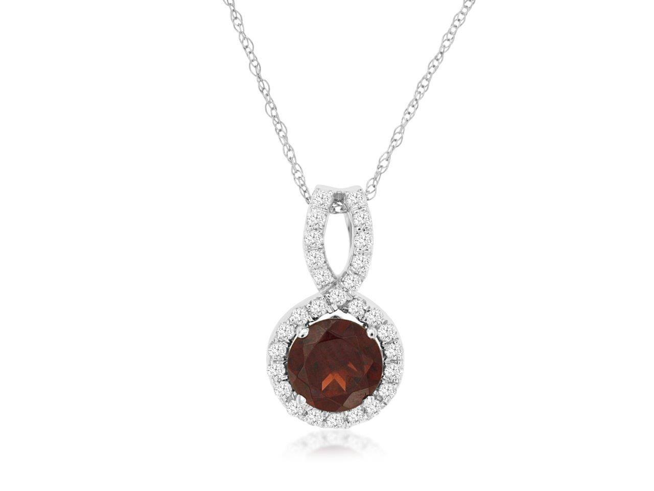 14K WHITE GOLD 1CT ROUND GARNET PENDANT WITH .20CTTW ROUND I1 CLARITY & HI COLOR DIAMONDS SET IN THE HALO AND OPEN SHANK ON A PENDANT CHAIN