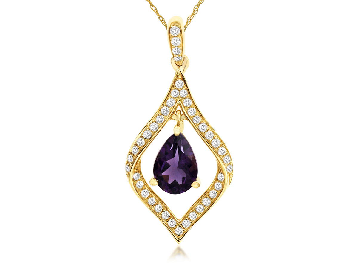 14K YELLOW GOLD OPEN DIAMOND SHAPE TWIST PENDANT WITH .17CTTW ROUND I1 CLARITY & HI COLOR DIAMONDS AND A .65CT PEAR SHAPED AMETHYS DROP ON A PENDANT CHAIN