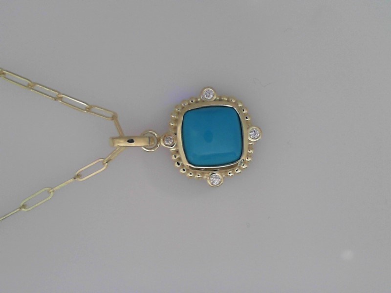 14K GREEN GOLD 18" PAPERCLIP CHAIN WITH A CABOCHON TURQUOISE PENDANT SET WITH .12CTTW ROUND SI CLARITY & GH COLOR DIAMONDS