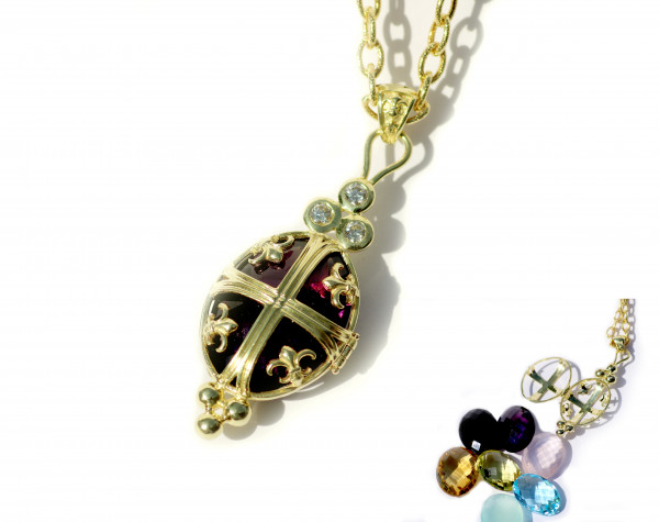 14K GREEN GOLD BILTMORE CHATEAU NECKLACE WITH TRIPLE BEZEL SET DIAMOND TOP AND INTERCHANGEABLE (BLUE TOPAZ, ONYX AND WHITE MOTHER OF PEARL) ON AN 18