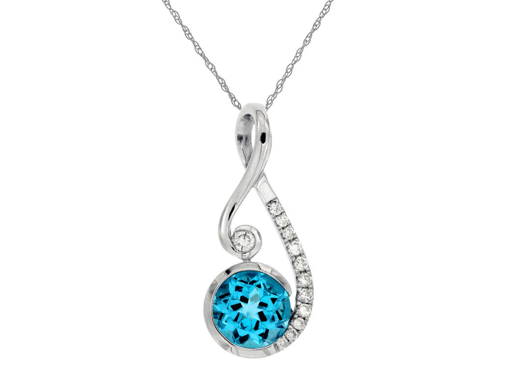 14K WHITE GOLD SWIRL PENDANT .75CT ROUND BLUE TOPAZ PENDANT WITH .08CTTW ROUND I1 CLARITY & HI COLOR DIAMONDS ON A PENDANT CHAIN