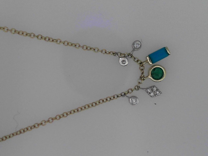 14K YELLOW GOLD CABLE CHAIN WITH TURQUOISE, EMERALD AND DIAMOND DROPS