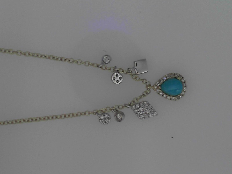 14K YELLOW GOLD CABLE CHAIN WITH A PEAR SHAPED TURQUOISE DROP AND MULTI DIAMOND DROPS WITH .14CTTW ROUND I1 CLARITY & HI COLOR DIAMONDS