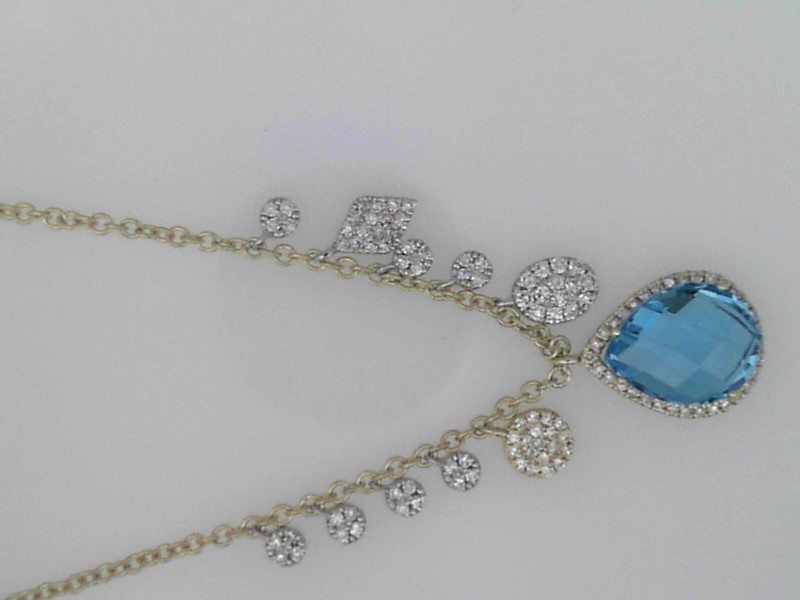 14K YELLOW GOLD 2.08CT PEAR SHAPED BLUE TOPAZ DROP WITH MULTI DROPS SET WITH .24CTTW ROUND I1 CLARITY & HI COLOR DIAMOND ON A YELLOW GOLD CABLE CHAIN