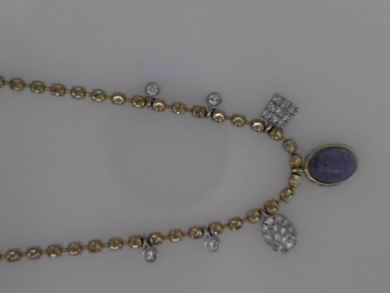 14K YELLOW GOLD .70CT OVAL TANZANITE CAB DROP WITH MULTI DROPS SET WITH .15CTTW ROUND I1 CLARITY & HI COLOR DIAMONDS ON BEADED AND CABLE CHAIN