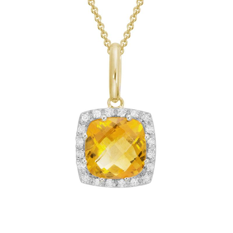 14K YELLOW GOLD 9MM (1.92CT) CHECKERBOAD CUT CITRINE PENDANT WITH .10CTTW ROUND SI CLARITY & GH COLOR DIAMONDS SET IN THE HALO ON A 16/18