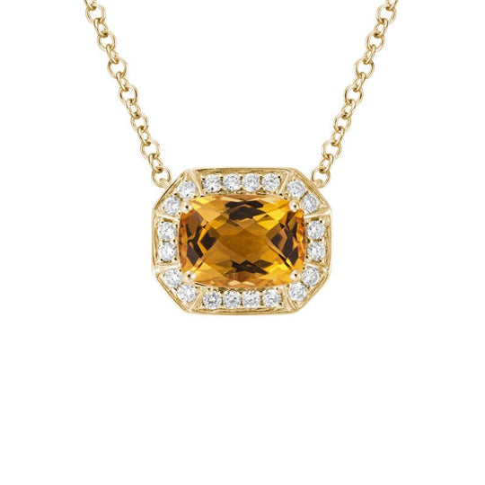 14K YELLOW GOLD 8MMX6MM (1.42) ELONGATED CUSHION CITRINE PENDANT WITH .16CTTW ROUND SI CLARITY & GH COLOR DIMAONDS SET IN THE HALO ON A 16/17/18