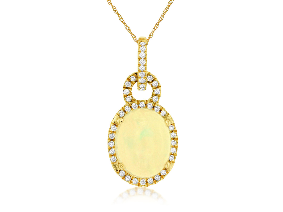 14K YELLOW GOLD 1.70CT OVAL OPAL PENDANT WITH .12CTTW ROUND I1 CLARITY & HI COLOR DIAMONDS SET IN THE HALO AND FANCY BAIL ON A PENDANT CHAIN