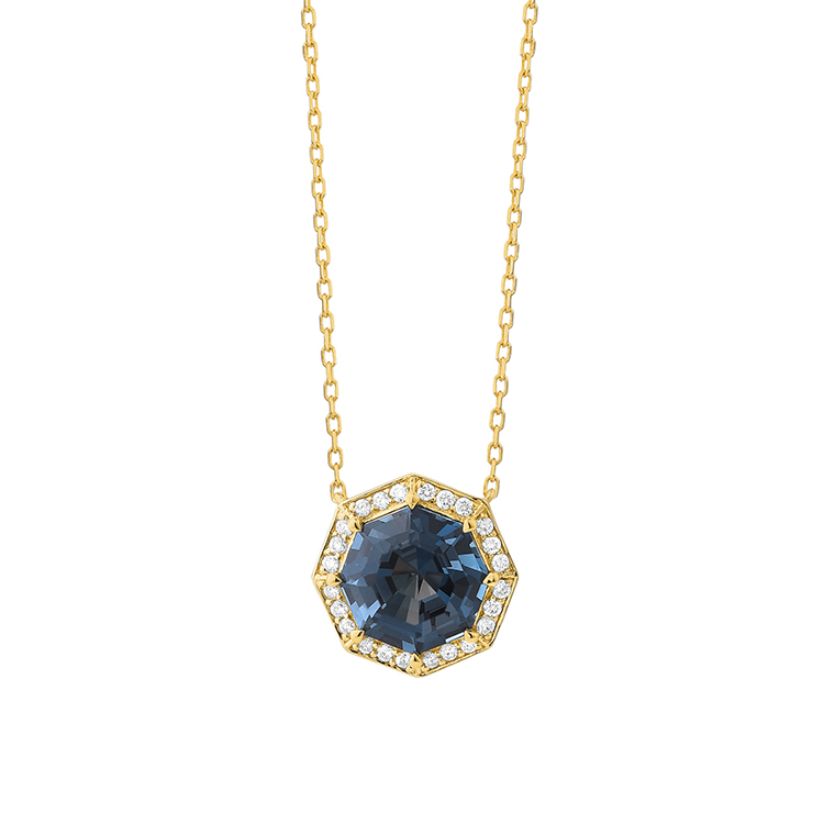 14K YELLOW GOLD OCTAGON SHAPED LONDON BLUE TOPAZ PENDANT WITH .13CTTW ROUND SI CLARITY AND GH COLOR DIAMONDS SET IN THE HALO ON AN 18" CABLE CHAIN