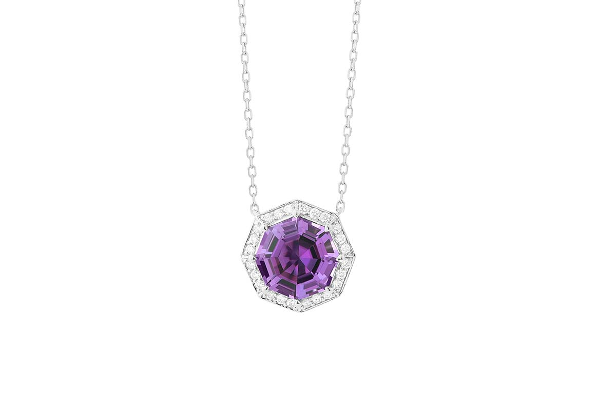 14K WHITE GOLD OCTAGON AMETHYST PENDANT WITH .13CTTW ROUND SI CLARITY & G COLOR DIAMONDS SET IN THE HALO ON AN 18" CABLE CHAIN