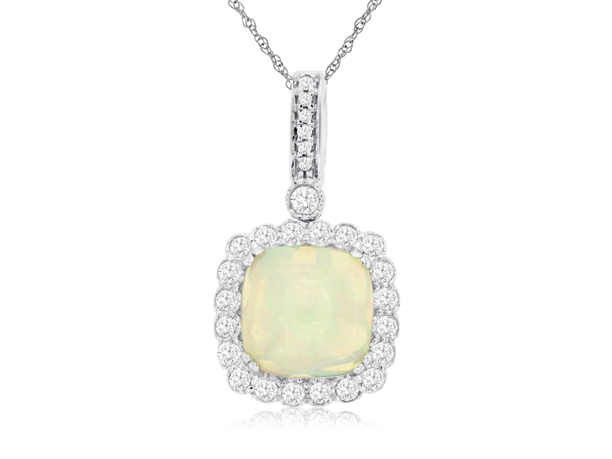 14K WHITE GOLD PENDANT WITH A 1.70CT SQUARE OPAL SET WITH .37CTTW ROUND I1 CLARITY & HI COLOR DIAMONDS SET IN THE HALO AND IN THE BAIL ON A PENDANT CHAIN