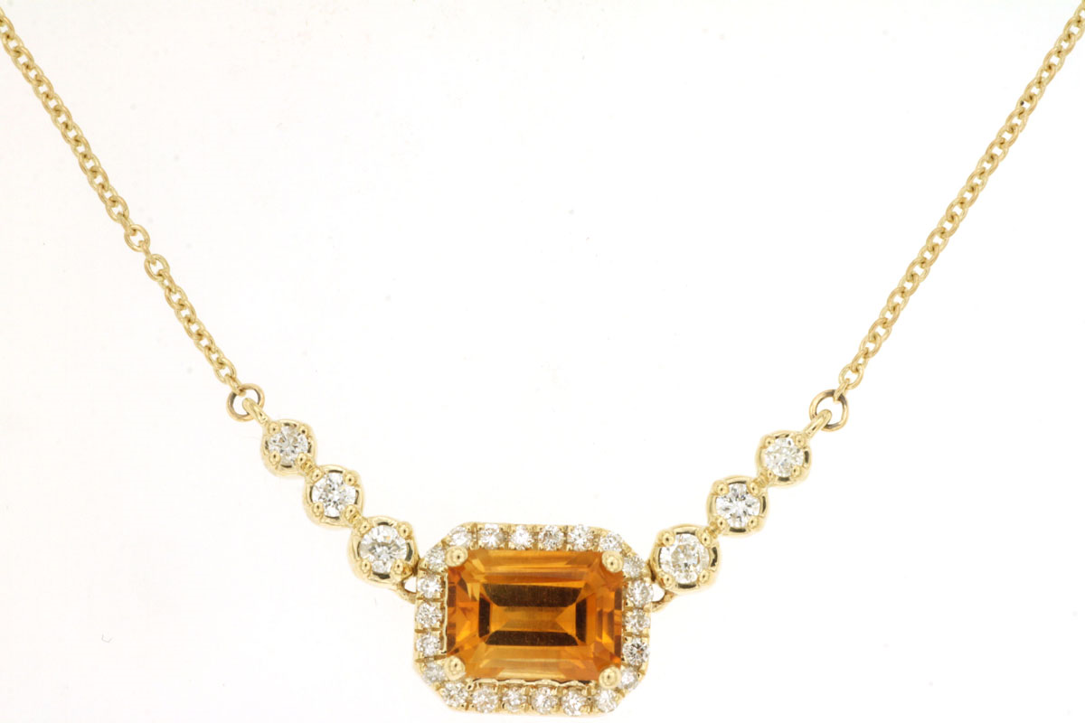 14K YELLOW GOLD 1CT EMERALD CUT CITRINE PENDANT WITH .25CTTW ROUND I1 CLARITY & HI COLOR DIAMONDS SET IN THE HALO AND SIDE ON A PENDANT CHAIN