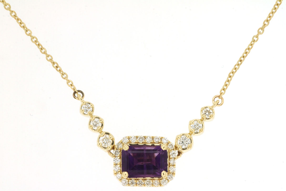 14K YELLOW GOLD 1CT EMERALD CUT AMETHYST PENDANT WITH .25CTTW ROUND I1 CLARITY & HI COLOR DIAMONDS SET IN THE HALO AND UP THE YELLOW GOLD CABLE CHAIN